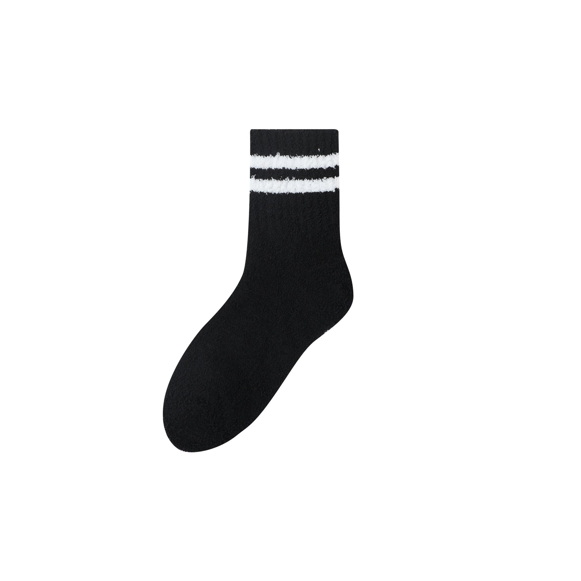 White crew sock with pink double stripes, made from plush material