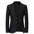 Black single-breasted blazer with textured fabric, notched lapels and two button closure against white background