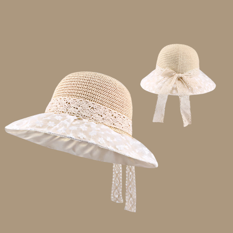 A beige woven sun hat with a lace-trimmed brim and a ribbon bow at the back, displayed in two angles to highlight the details.
