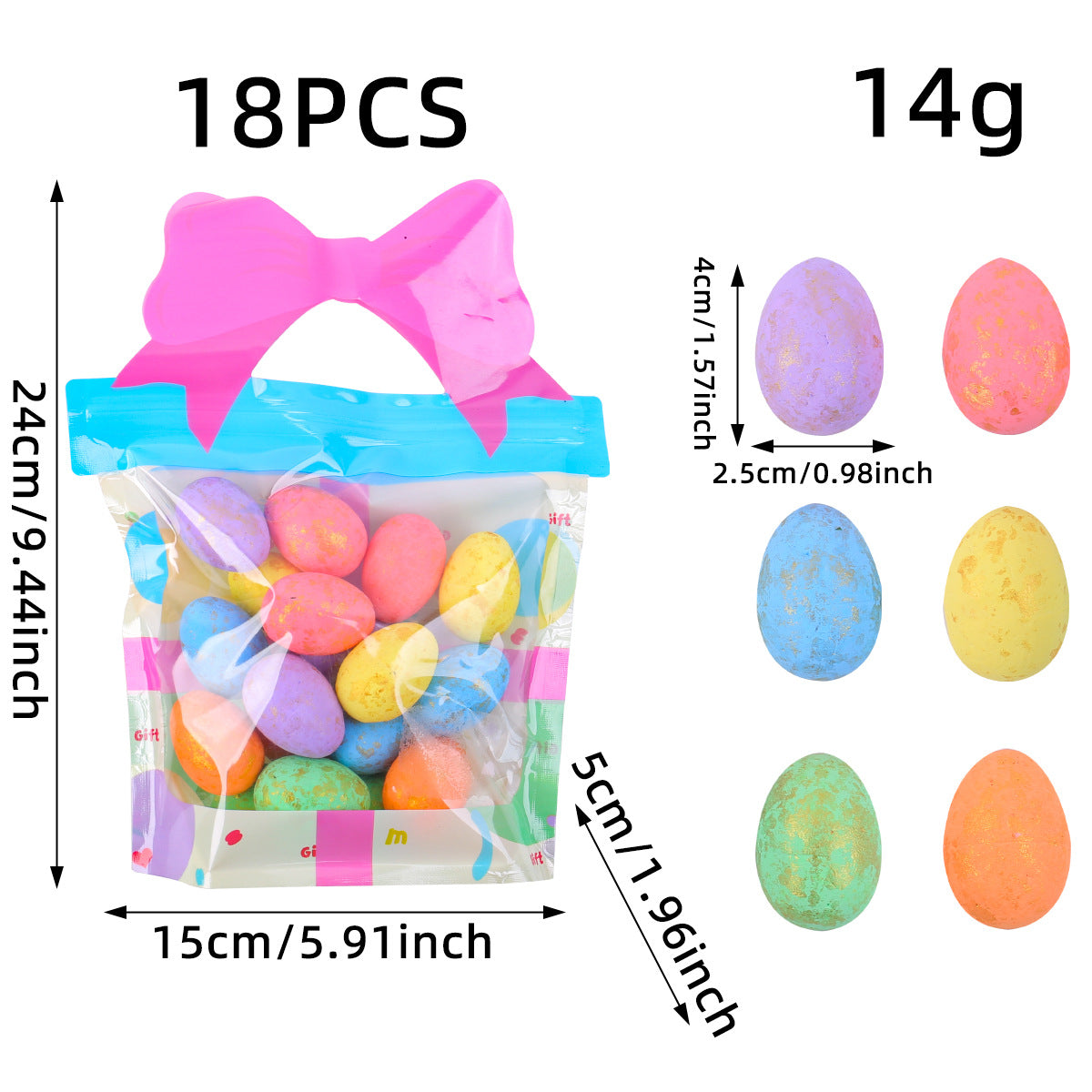 A resealable bag with 18 pastel-colored speckled eggs, displayed with size dimensions and pink bow handle.