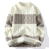 Cable-knit sweater with cream and gray horizontal stripes