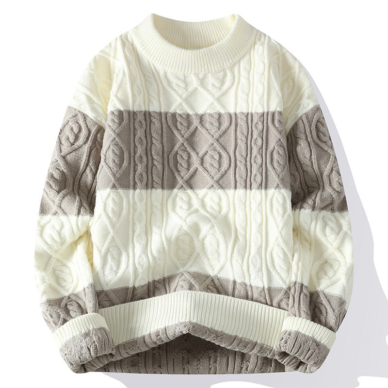 Cable-knit sweater with cream and gray horizontal stripes