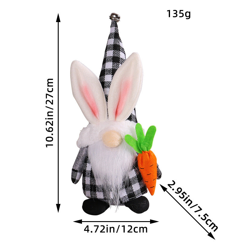 Easter gnome plush with bunny ears, plaid hat, and carrot, displayed with dimensions of 27cm height, 12cm width, and 7.5cm depth.