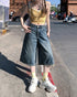 Front close-up, focus on fit and fabric – Mid-rise baggy denim shorts with washed texture finish.