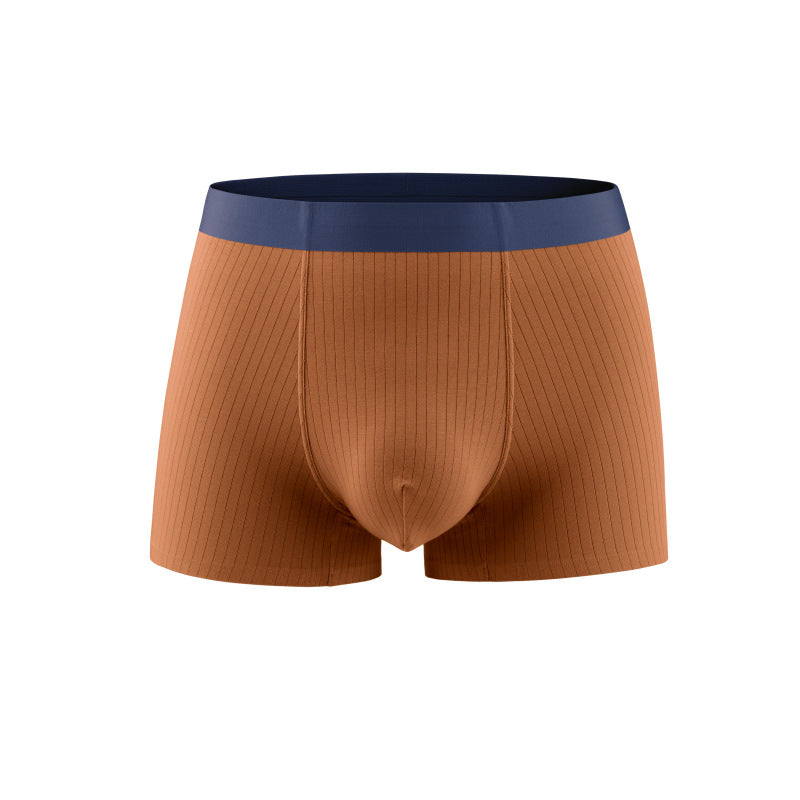 Camel ribbed boxer briefs with navy elastic waistband displayed on white background. Classic supportive fit with pinstriped fabric