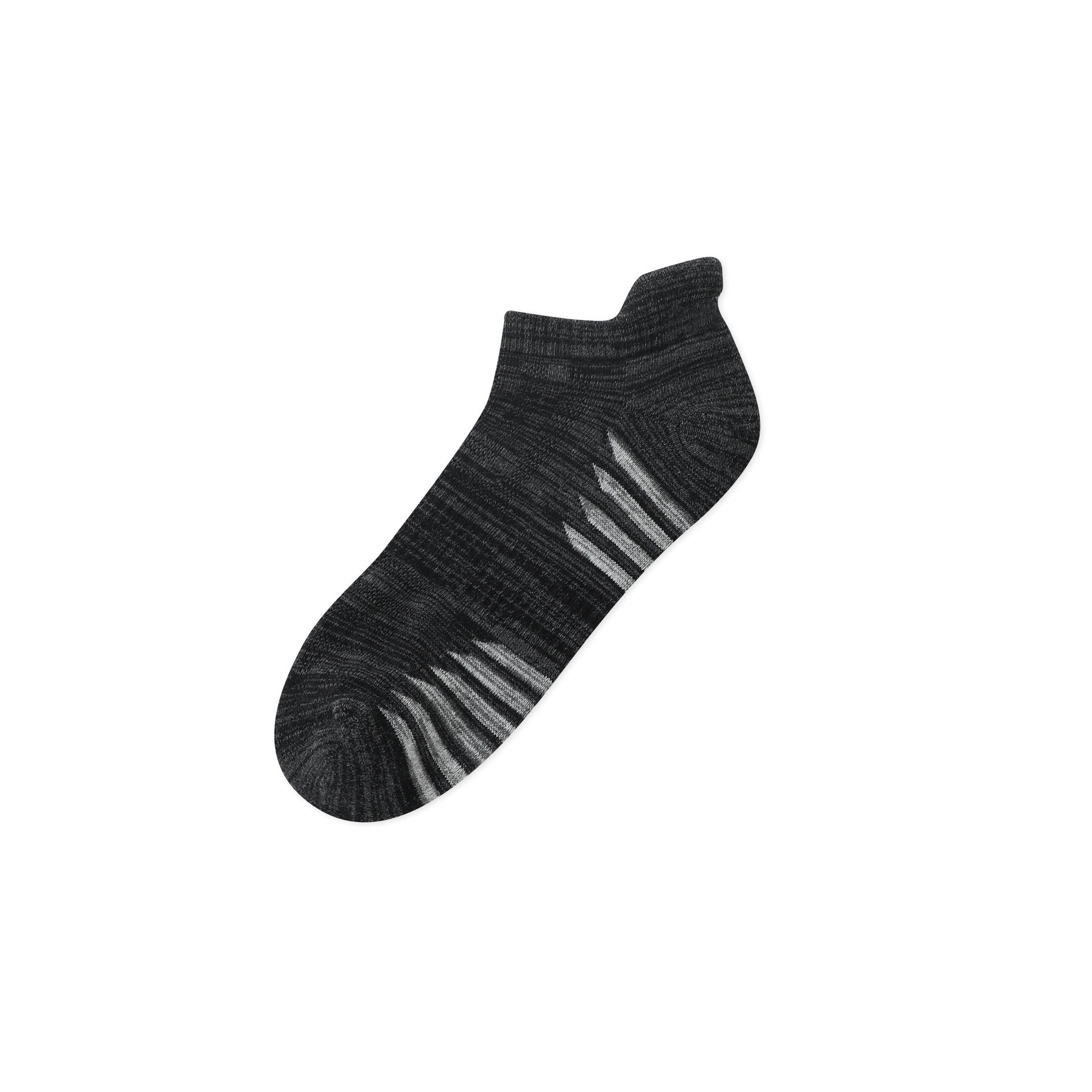 Black performance ankle sock with grey ventilation stripes and anatomical cushioning for enhanced comfort