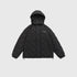 Close-up detail of olive puffer jacket showing black zipper, snap closure and elastic cuff detail