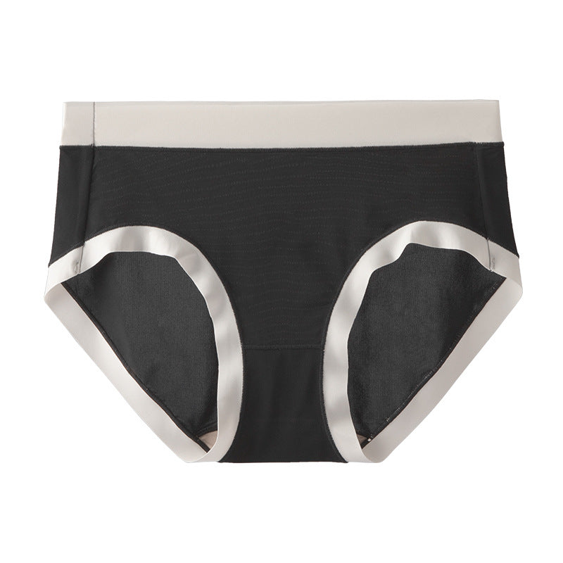 Black mid-rise brief with white contrast trim along waistband and leg openings, flat lay product photo