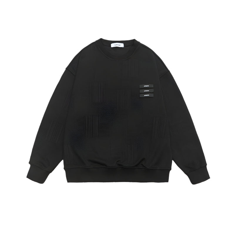 Black textured sweatshirt with decorative tabs displayed on white background