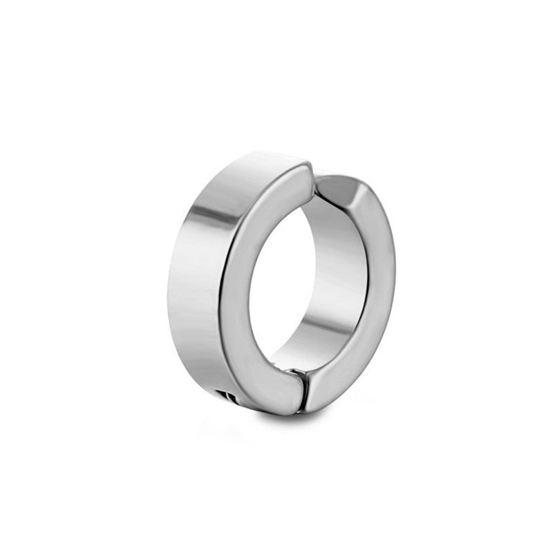 Single silver stainless steel huggie hoop earring with polished finish against white background