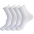 Four pairs of white ankle socks with ribbed cuffs and scalloped edges arranged side by side against white background
