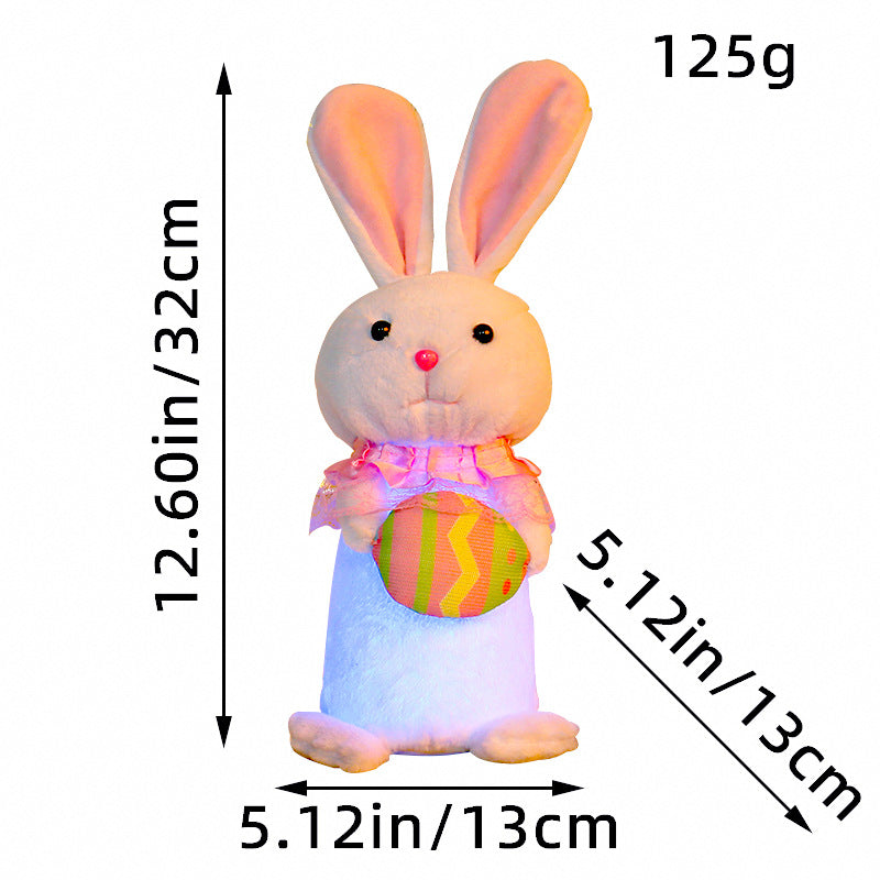 Easter bunny plush toy with pink ears, holding a colorful egg, showing dimensions of 32 cm in height and 13 cm in width, weighing 125g.
