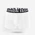 White men's boxer briefs with black elastic waistband featuring "FASHION" text logo, shown against white background