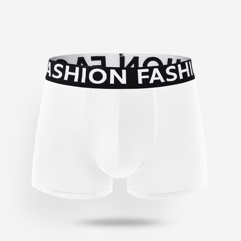 White men's boxer briefs with black elastic waistband featuring "FASHION" text logo, shown against white background