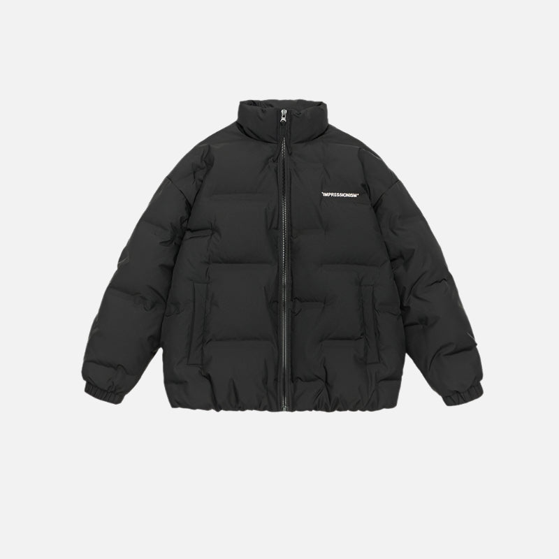 Flat lay product photos of black and brown puffer jackets