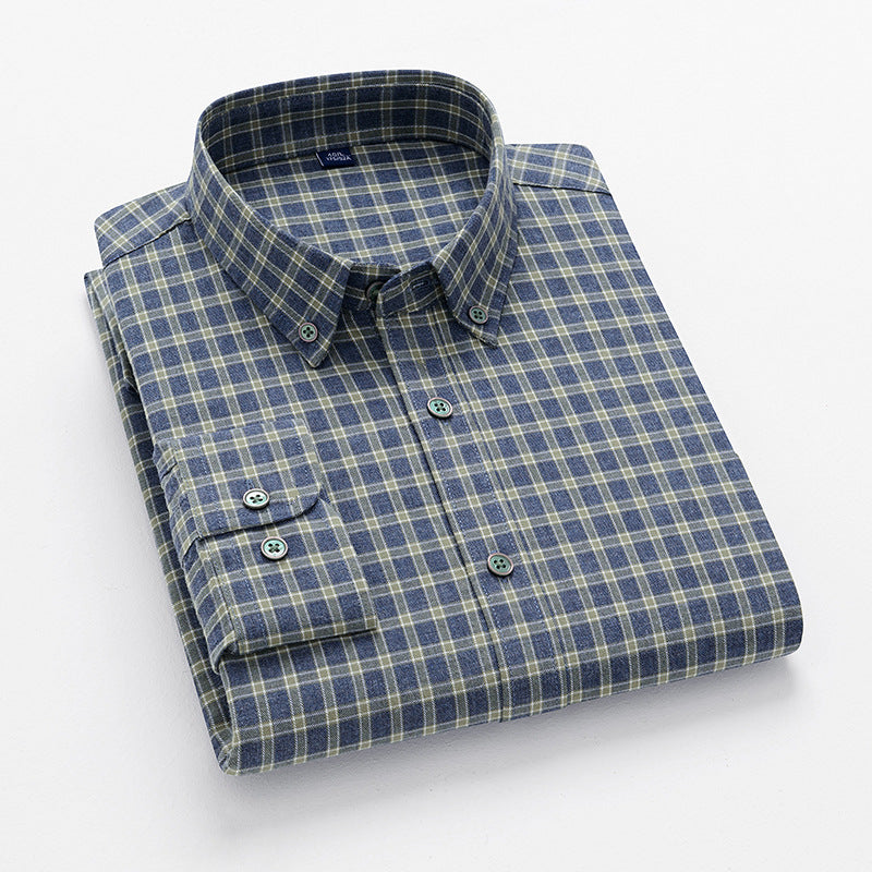 Navy and green plaid flannel shirt with button-down collar and matching green buttons