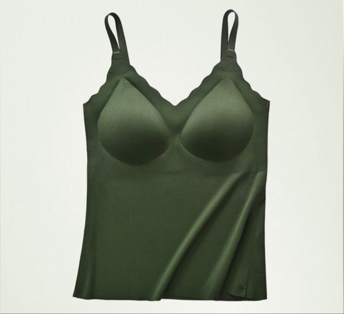 Seamless camisole in deep green with built-in bra, featuring scalloped edges and soft fabric.