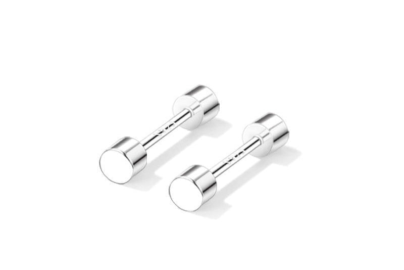 Silver 4mm cylindrical stud earrings in white background