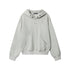 Light gray hooded sweatshirt with curved seam design, snap-button hood detail, embroidered eye logo on chest, and ribbed cuffs