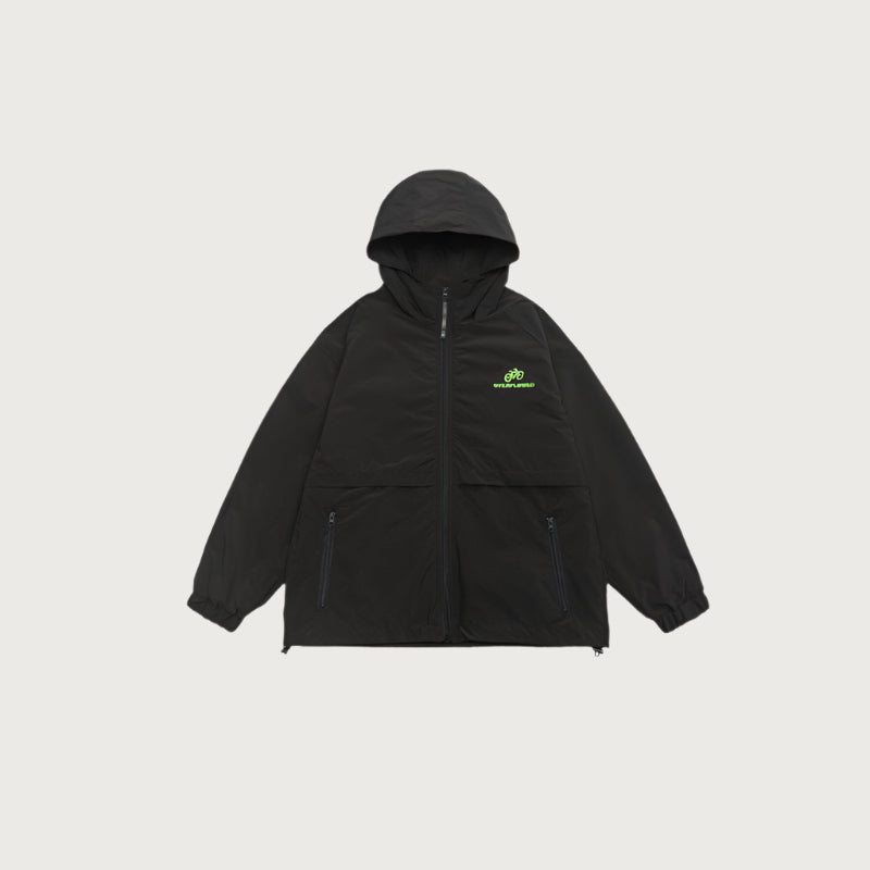 Black lightweight windbreaker jacket with green bicycle logo and zippered pockets displayed flat against light background