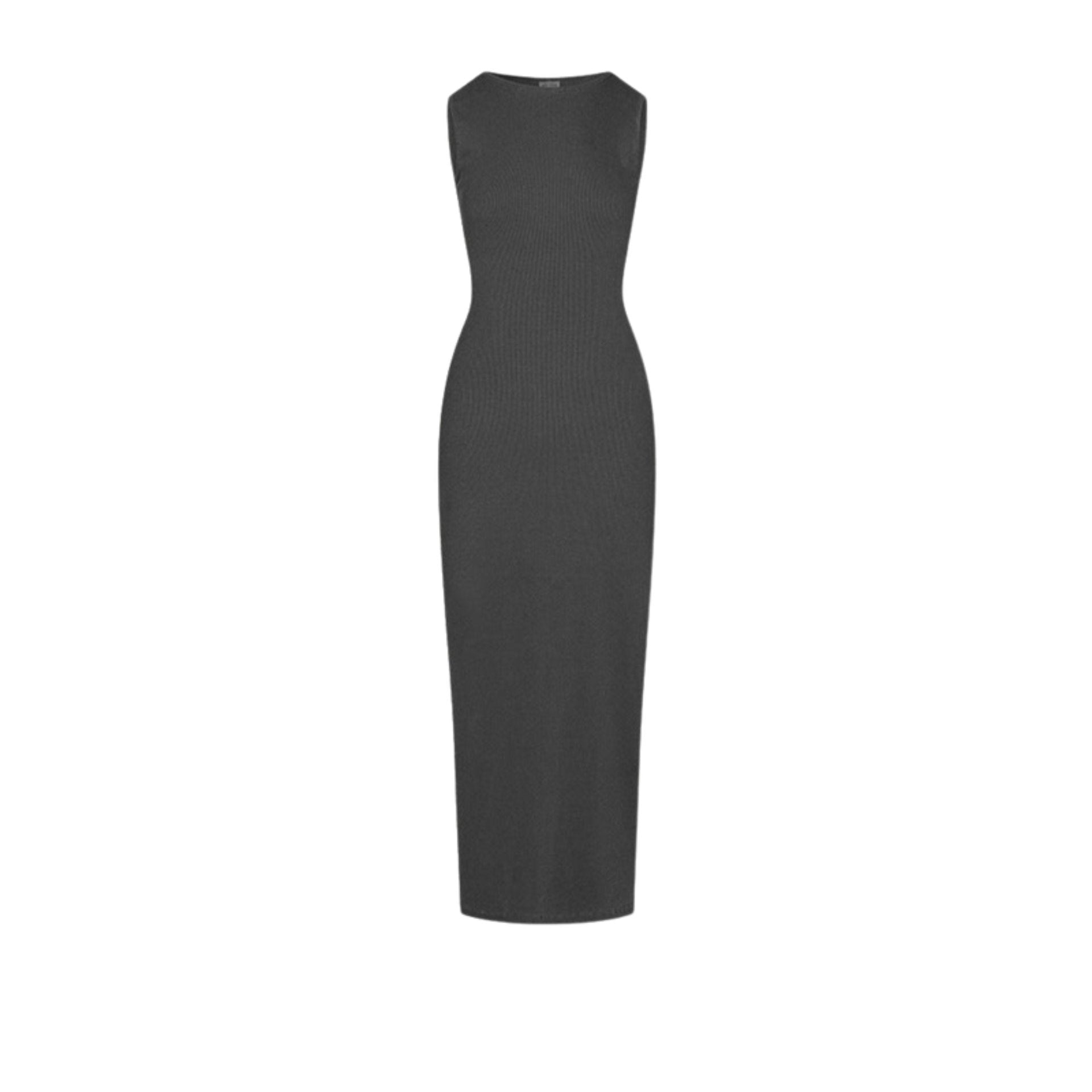 Dark grey ribbed sleeveless bodycon maxi dress with a high neckline, laid flat on a neutral textured background.