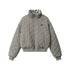 A light gray quilted bomber jacket with snow leopard print collar lining, featuring side pockets and ribbed hem photographed against white background