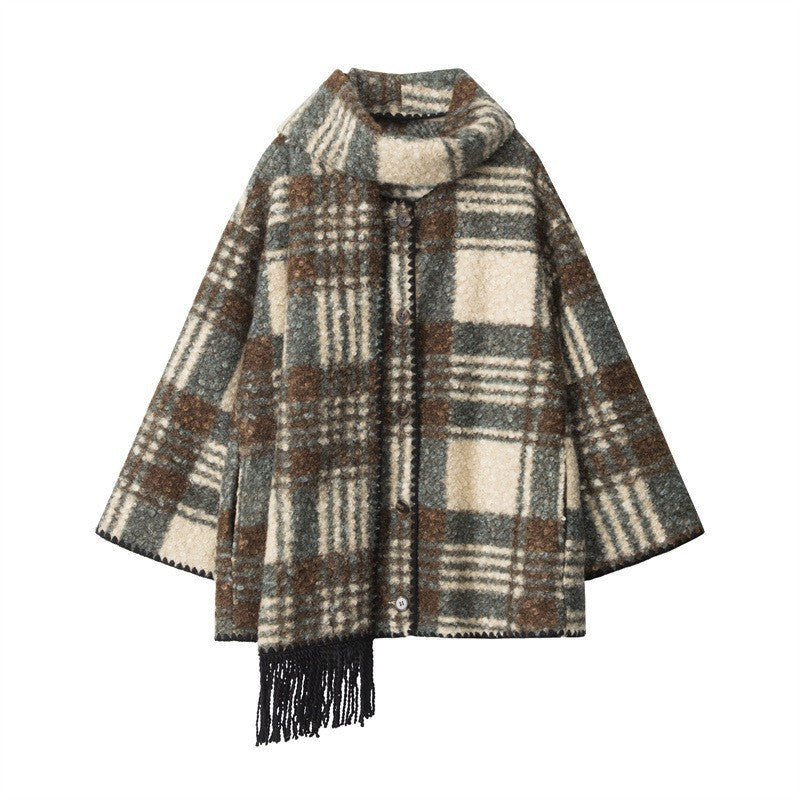 Plaid Pattern Mid-Length Coat with Scarf Collar