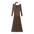 Brown maxi dress product shot highlighting draped neckline, ruched bodice construction, and full-length flowing skirt design