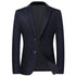 Front view of navy blue wool blazer with notched lapels and two-button closure, slightly opened