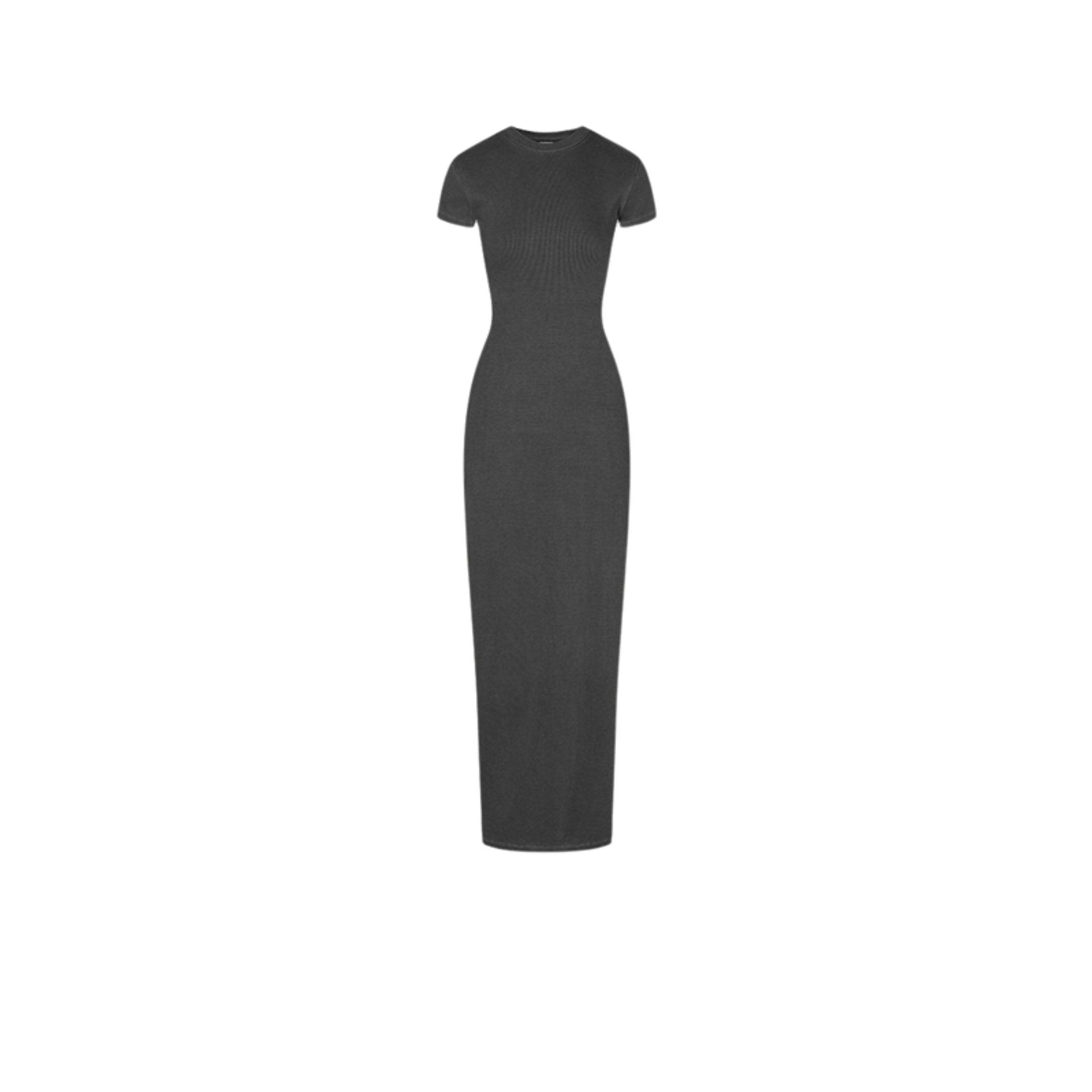 A sleek, form-fitting dark grey sleeveless maxi dress with a high neckline, displayed on a textured background.
