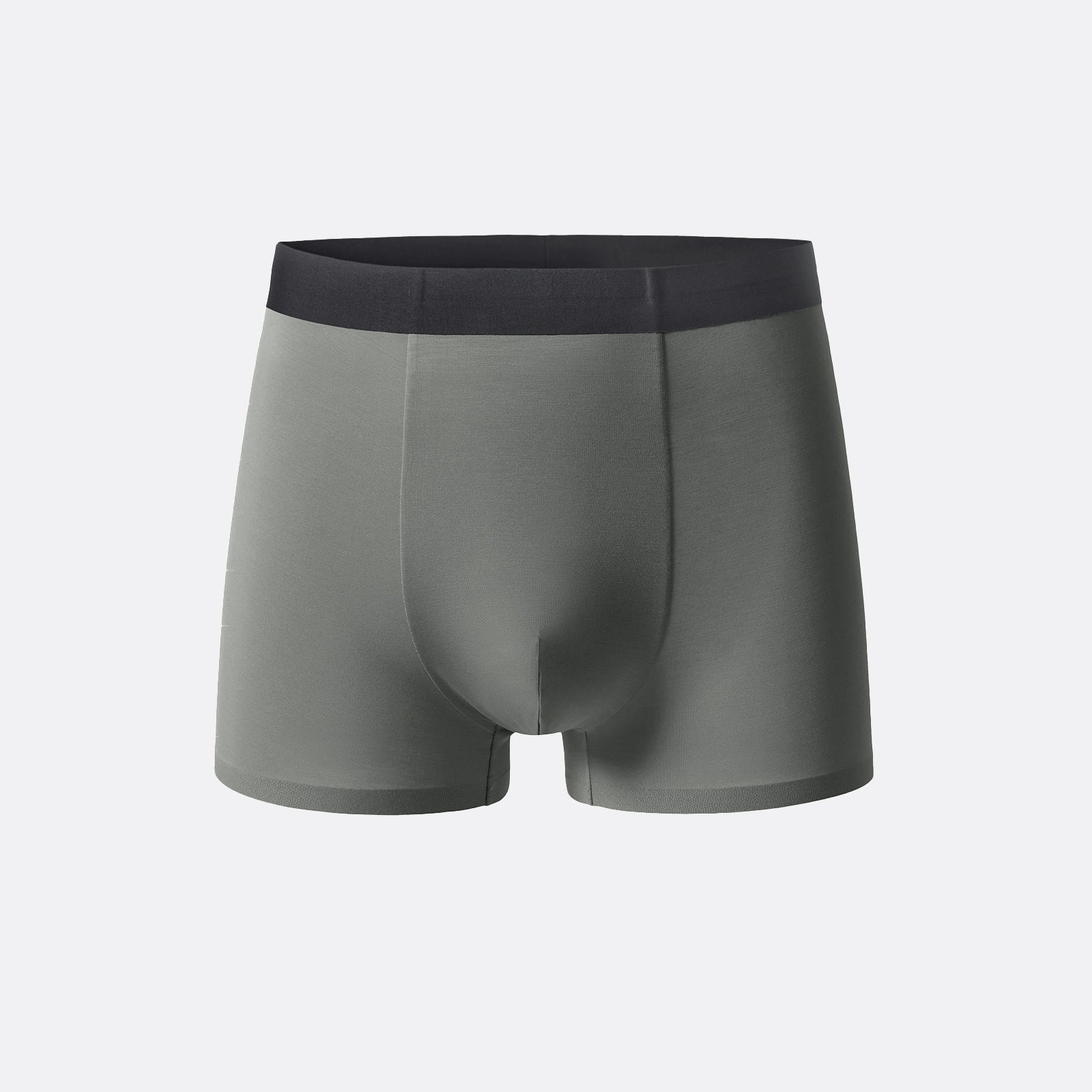 Gray men's boxer briefs with black waistband, made from sustainable materials and comfort-focused design