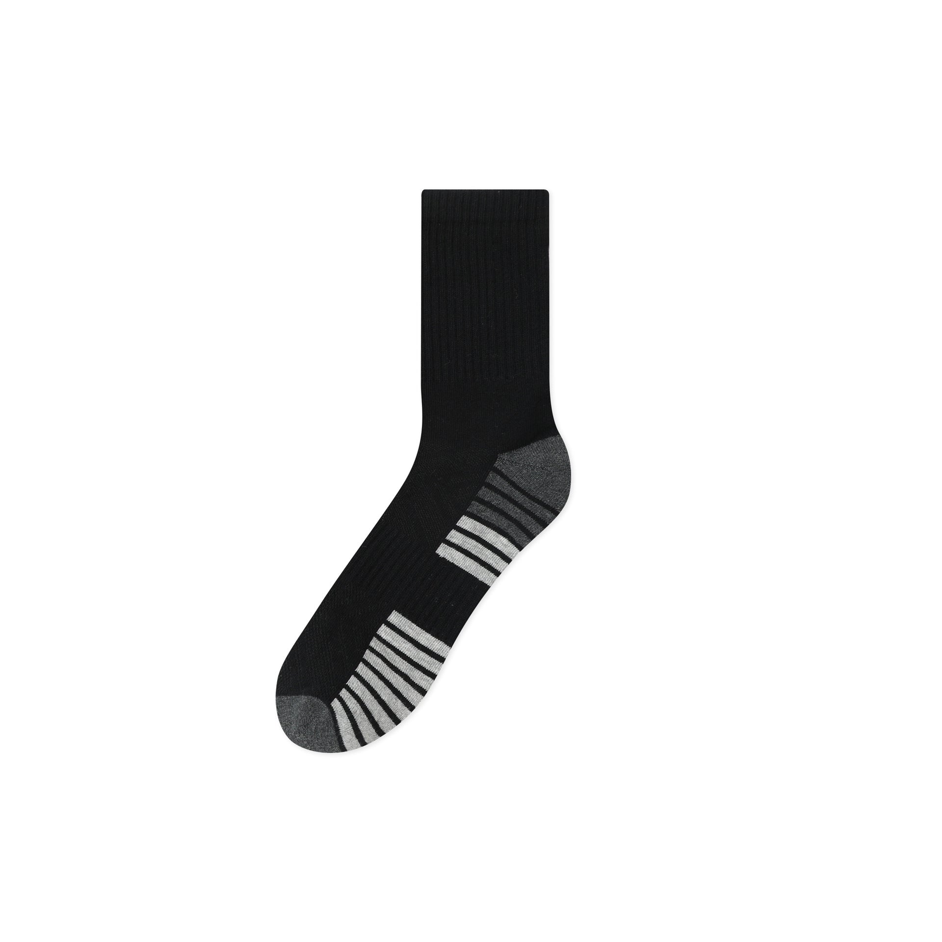 Single black anti-odor sport sock with gray striped cushioning and reinforced heel for athletic performance