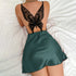 Forest green satin slip dress with black lace butterfly back