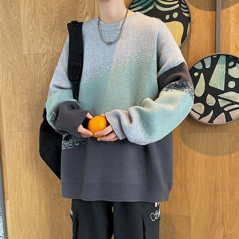 Oversized grey-mint-charcoal sweater with speckled transitions
