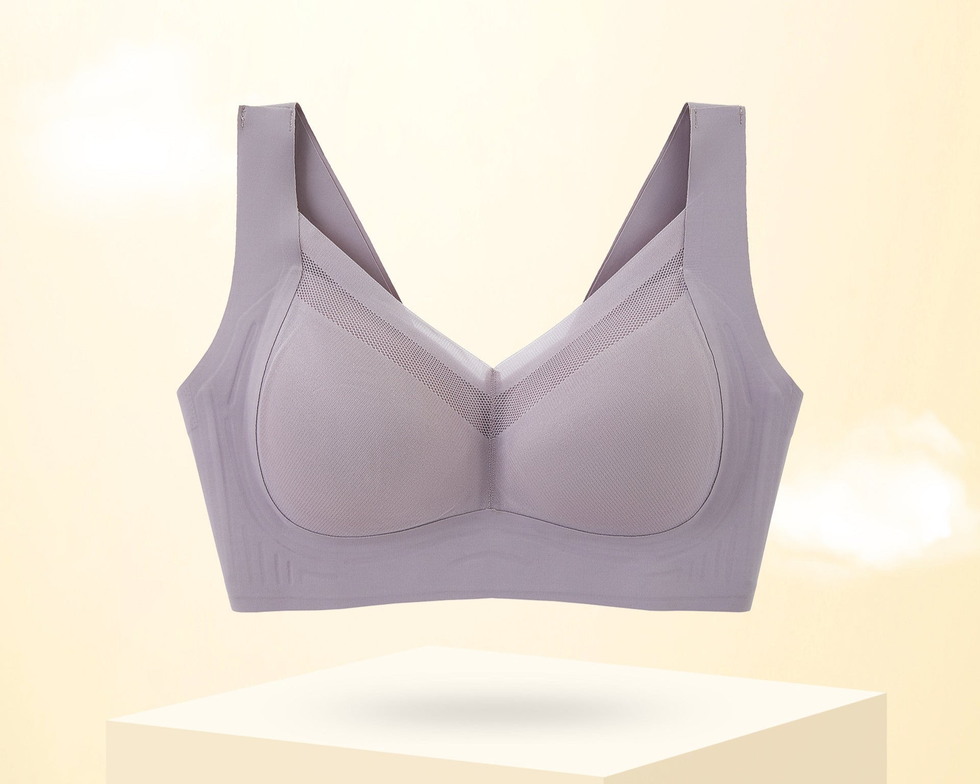 Large-size, thin, breathable bra in purple, featuring seamless cups and wide straps for support and comfort.