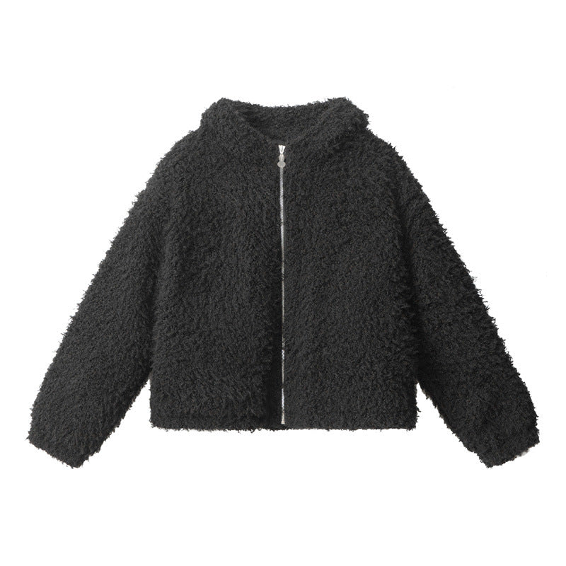 Black plush teddy jacket with silver zipper and relaxed fit against white background