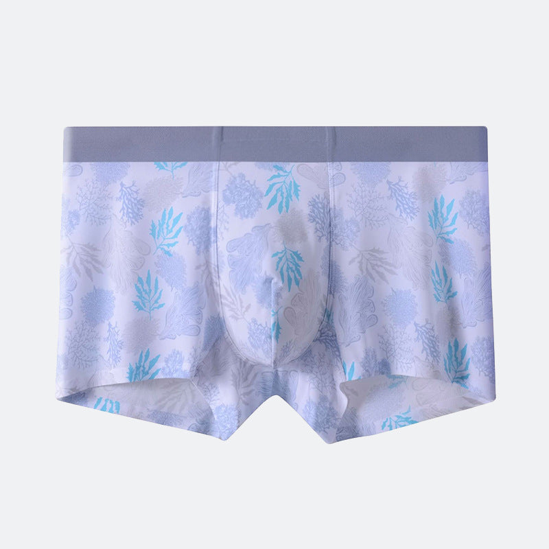 Men's light blue boxer briefs with coral reef pattern featuring blue seaweed designs and gray elastic waistband