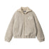 Beige sherpa bomber jacket with ribbed collar, Marule logo patch and zip front closure. Casual style with flecked texture