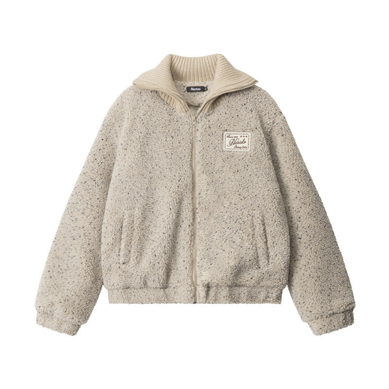 Beige sherpa bomber jacket with ribbed collar, Marule logo patch and zip front closure. Casual style with flecked texture