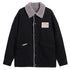 Black denim jacket with gray sherpa lining, OP Sailor's Shop patch and TREND pocket label. Button front closure