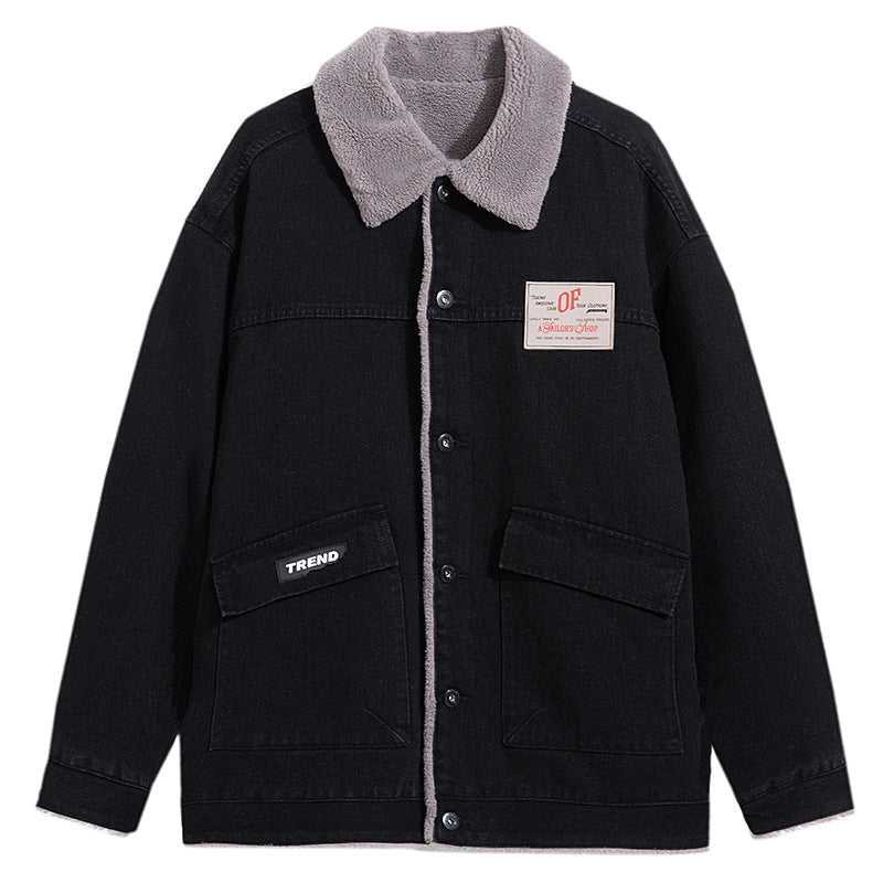 Black denim jacket with gray sherpa lining, OP Sailor's Shop patch and TREND pocket label. Button front closure