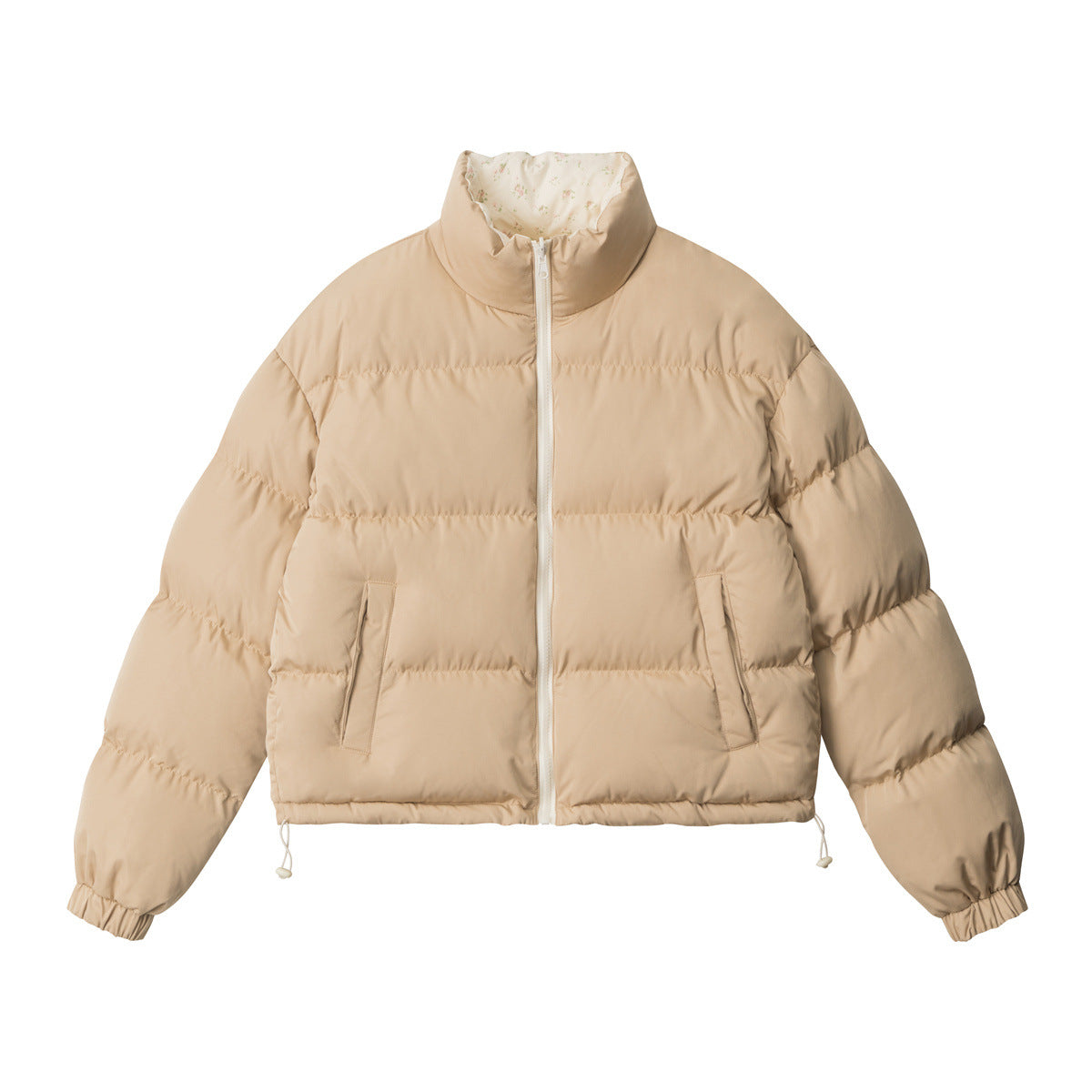 Beige puffer jacket with a high collar and white zipper displayed against a white background
