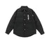 Black ASTROSMASH quilted puffer jacket with collar and pocket, featuring white vertical logo text and button closure