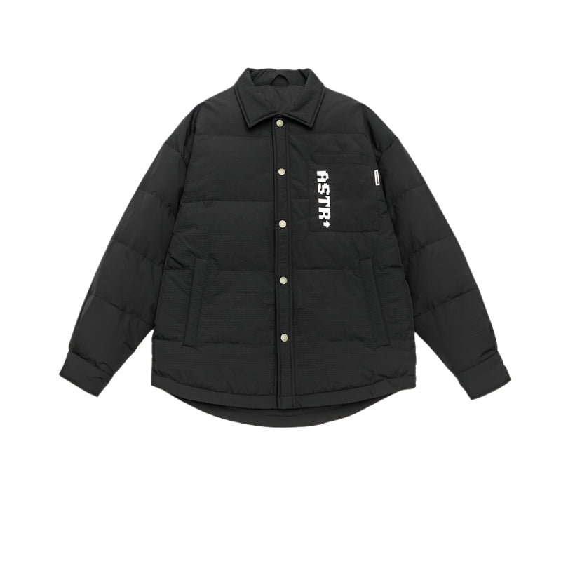 Black ASTROSMASH quilted puffer jacket with collar and pocket, featuring white vertical logo text and button closure