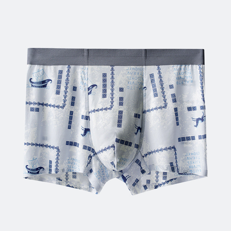 Front view of men's boxer briefs with gray waistband and white base featuring repeating blue vintage game motifs