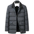 Gray down blazer with dress shirt and tie visible, featuring formal styling and quilted design