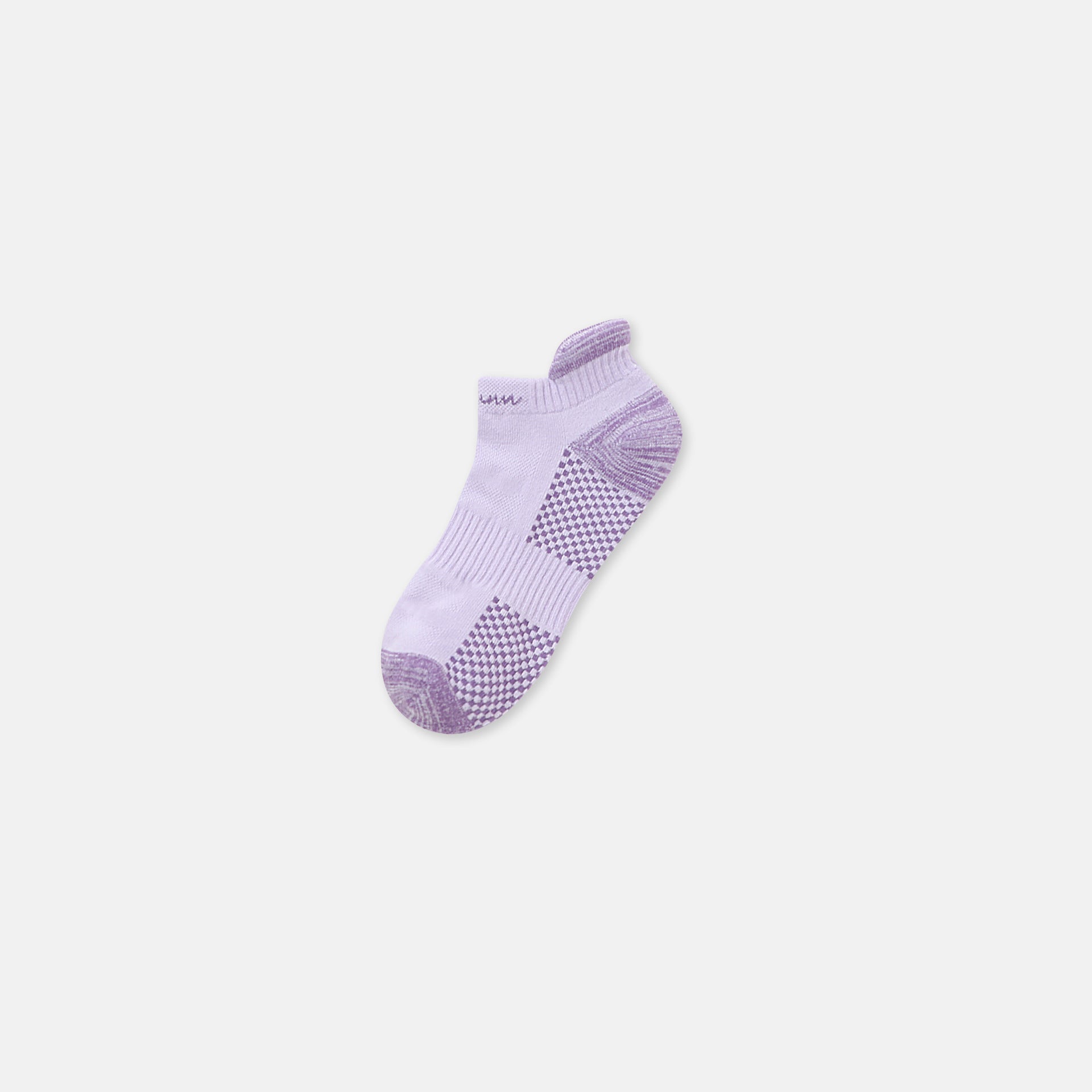 Lavender athletic ankle sock with textured checkered support zones and ribbed cuff, displayed flat against white background