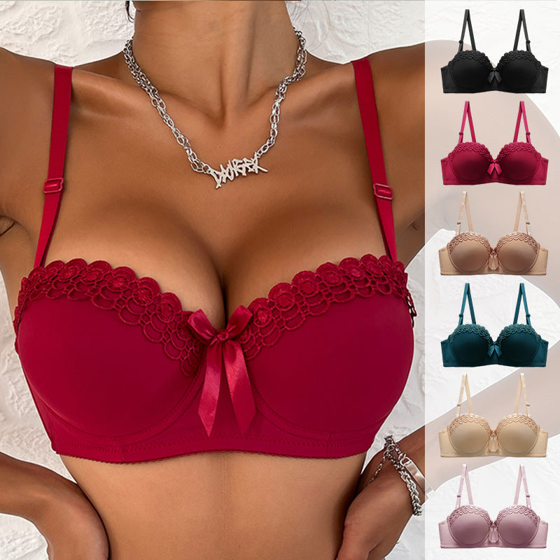 A woman wearing a burgundy push-up bra with lace trim alongside product color options displayed on right side against white background