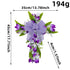 A detailed view of a purple floral cross wreath with dimensions and weight, showcasing tulip accents and a structured design.