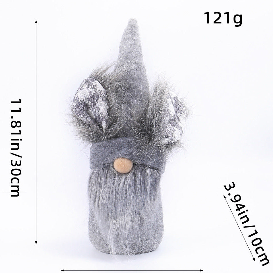 Measurement diagram of a gray Easter gnome with bunny ears, showing dimensions of 30cm height and 10cm width, weighing 121g.